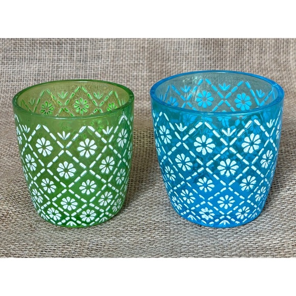 Yankee Candle Other - Yankee Candle Blue Green Floral Glass Votive Candle Holder Set Cottage Core Twee